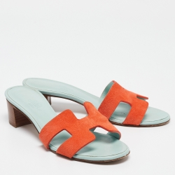 Pre Owned Hermes Orange/Green Suede Oasis  Sandals Size 36