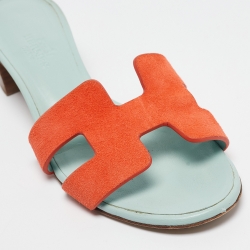 Pre Owned Hermes Orange/Green Suede Oasis  Sandals Size 36