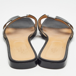Hermes Black Leather Oran Flat Slides Size 42