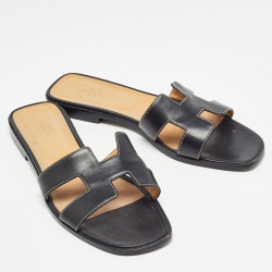 Hermes Black Leather Oran Flat Slides Size 42