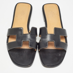 Hermes Black Leather Oran Flat Slides Size 42