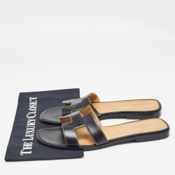 Hermes Black Leather Oran Flat Slides Size 42