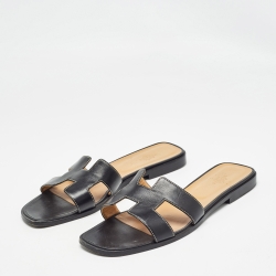 Hermes Black Leather Oran Flat Slides Size 42