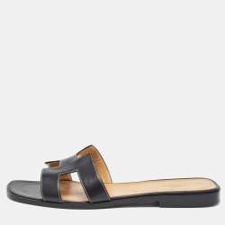 Hermes Black Leather Oran Flat Slides Size 42