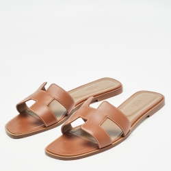 Hermes Brown Leather Oran Flat Slides Size 42