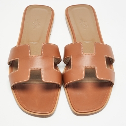 Hermes Brown Leather Oran Flat Slides Size 42