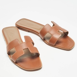 Hermes Brown Leather Oran Flat Slides Size 42