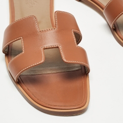Hermes Brown Leather Oran Flat Slides Size 42