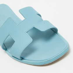 Hermes Blue Leather Oran Flat Slides Size 36.5  