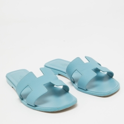 Hermes Blue Leather Oran Flat Slides Size 36.5  