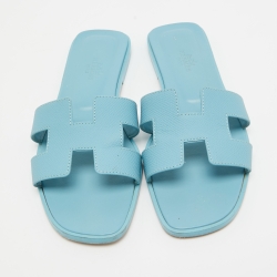 Hermes Blue Leather Oran Flat Slides Size 36.5  