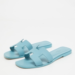 Hermes Blue Leather Oran Flat Slides Size 36.5  