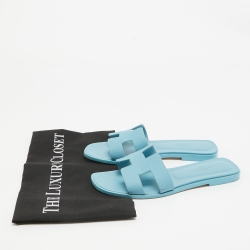 Hermes Blue Leather Oran Flat Slides Size 36.5  
