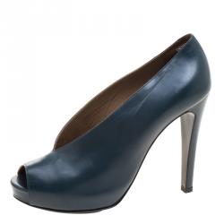 Pre Owned Hermes Blue Leather Peep Toe Platform Pumps Size 37.5