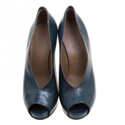 Pre Owned Hermes Blue Leather Peep Toe Platform Pumps Size 37.5
