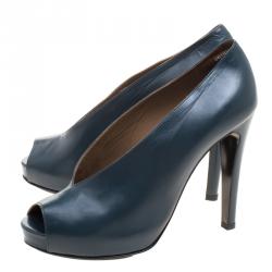 Pre Owned Hermes Blue Leather Peep Toe Platform Pumps Size 37.5