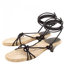 Hermes Black Suede Cord Tie Up Sandals Size 35