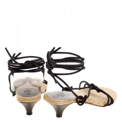 Hermes Black Suede Cord Tie Up Sandals Size 35
