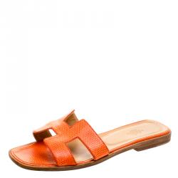 Pre Owned Hermes Orange Lizard Leather Oran Box Sandals Size 38