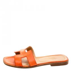 Pre Owned Hermes Orange Lizard Leather Oran Box Sandals Size 38