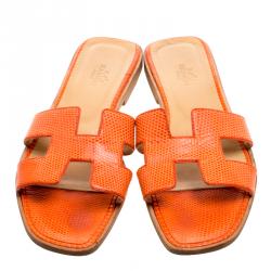 Pre Owned Hermes Orange Lizard Leather Oran Box Sandals Size 38