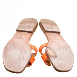 Pre Owned Hermes Orange Lizard Leather Oran Box Sandals Size 38