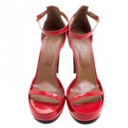 Hermes Red Patent Leather Ankle Strap Platform Sandals Size 40