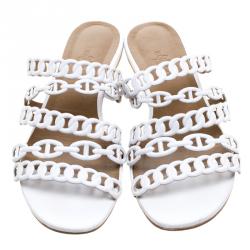 Pre Owned Hermes White Leather Nude Sandals Size 38