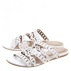 Pre Owned Hermes White Leather Nude Sandals Size 38