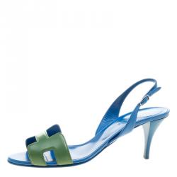 Hermes Green And Blue Leather Night Slingback Sandals Size 39