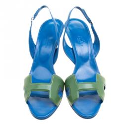 Hermes Green And Blue Leather Night Slingback Sandals Size 39