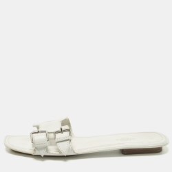 Pre Owned Hermes Oran Size 39 White Leather Flat Slide