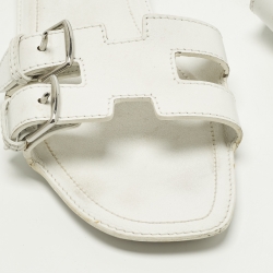 Pre Owned Hermes Oran Size 39 White Leather Flat Slide