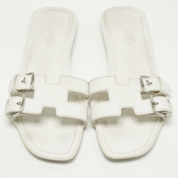 Pre Owned Hermes Oran Size 39 White Leather Flat Slide
