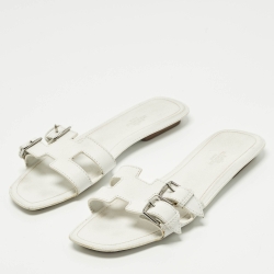 Pre Owned Hermes Oran Size 39 White Leather Flat Slide