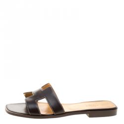 Hermes Dark Brown Leather Oran Box Sandals Size 38