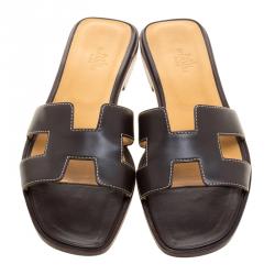 Hermes Dark Brown Leather Oran Box Sandals Size 38