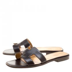 Hermes Dark Brown Leather Oran Box Sandals Size 38