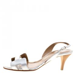 Hermes Metallic Silver Leather Night Slingback Sandals Size 36