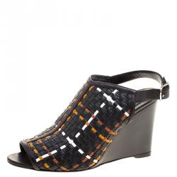 Hermes Tricolor Woven Leather Peep Toe Wedge Sandals Size 39