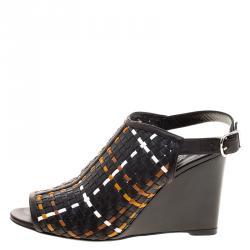 Hermes Tricolor Woven Leather Peep Toe Wedge Sandals Size 39