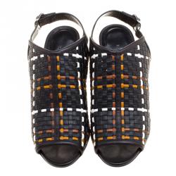 Hermes Tricolor Woven Leather Peep Toe Wedge Sandals Size 39