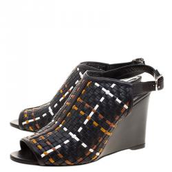 Hermes Tricolor Woven Leather Peep Toe Wedge Sandals Size 39