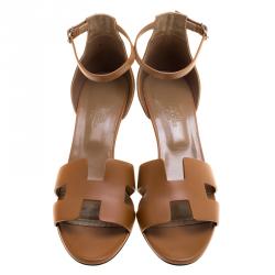 Hermes Brown Leather Legend Ankle Strap Wedge Sandals Size 39