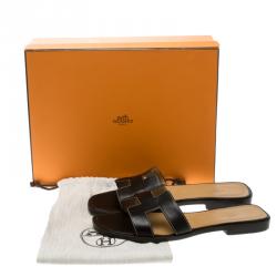 Pre Owned Hermes Brown Leather Oran Flat Sandals Size 38