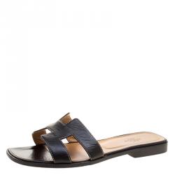 Hermes Black Leather Oran Flat Sandals Size 38.5