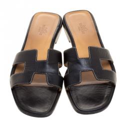 Hermes Black Leather Oran Flat Sandals Size 38.5