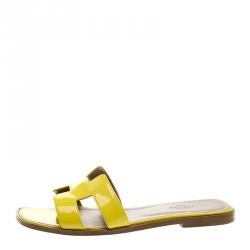 Hermes Yellow Patent Oran Box Sandals Size 38.5