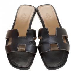 Hermes Black Leather Oran Flat Sandals Size 39