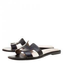 Hermes Black Leather Oran Flat Sandals Size 39